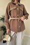 Women's Camel Textured Woven Shirt with Gold Buttons and Flap Pockets, Long Sleeves - 4