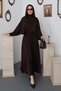 Women's Brown Jacquard Satin Dress High Neck Bat Sleeve Elastic Waist Maxi
