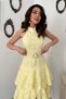 Women's Yellow Halter Neck Floral Embroidered Belted Layered Flounce Midi Dress - 3