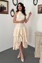 Women's Powder Halter Neck Floral Embroidered Belted Layered Flounce Midi Dress - 2