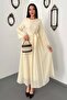 Women's Yellow Long Sleeve Lace Cuff Belted A-Line Maxi Dress