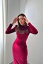 Women's Burgundy Dress Velvet Stone Tassel Detailed High Neck Long Sleeve Midi Bodycon - 3
