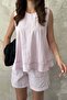 Women's Pink Shorts Set Sleeveless Round Neck Stitching Detailed Pocketed Cotton - 4