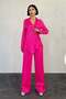 Women's Fuchsia Top and Bottom Set Jacquard Ribbed Tie-Up Shirt Collar Wide-Leg Pants Set