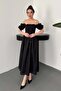 Women's Black Gipeli Brode Midi Dress Square Collar Balloon Sleeve Lace-Up A-Line