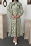 Women's Green Scarf Collar Floral Patterned Balloon Sleeve Lined Midi Dress - 4