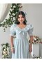Women's Blue Midi Dress with Plaid Pattern, Ruffle Collar, Balloon Sleeves and Lace Detail - 7