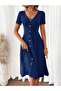 Women's Short Sleeve V Neck Front Button A-Line Woven Dress - 3