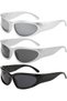 Three pairs of oval sports sunglasses, cycling glasses, windproof and UV-protective, black and silver, modern style.