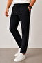 Men's Black Slim Fit Casual Lace-Up Elastic Waist Fabric Trousers - 3