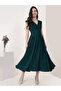 Teal Cap Sleeves Rushed Fit And Flare Midi Dress - 3