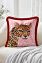 Pink and Burgundy Striped Patchwork 4-Piece Fringed Throw Pillow Cover Set with Leopard and Cheetah Figures - 3