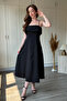 Chest Detailed Flounce Flared Strap Midi Black Dress - 7