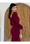 Women's Burgundy Midi Dress with Pearl Detail, Square Neck, Slit, Long Sleeves - 5