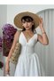 Women's White Scallop Embroidered V-Neck Strap Midi Dress with Tie Detail - 8
