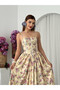 Women's Beige Midi Dress with Thin Straps, Square Neck, Floral Pattern, Gathered
