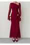 Women's Burgundy Asymmetrical Collar Draped Brooch Detailed Tulle Long Sleeve Midi Dress - 2
