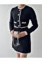 Women's Black Skirt Suit with Round Neck Buttoned Jacket and Mini Skirt, Textured - 7