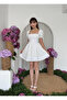 Women's White Mini Dress Square Collar Balloon Sleeve Bow Detail Poplin - 6