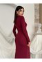 Women's Burgundy High Neck Long Sleeve Gathered Slit Midi Pencil Dress - 5