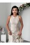 Women's Ecru Midi Dress Sleeveless Round Neck Floral Patterned Lace Evening Dress - 5