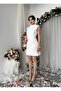 Women's Ecru Mini Dress with Asymmetrical Buttons, Padded Shoulders, Atlas Texture - 7