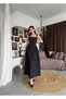 Women's Black Midi Dress with Square Collar, Drawstring Straps and Ribbed Waist Detail - 6