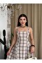 Women's Ecru Plaid Strappy Square Neck Fitted Waist Midi Length Flared Dress