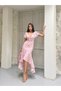 Women's Pink Floral Patterned V-Neck Lace Detailed Asymmetrical Midi Dress