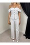 Women's White Blouse Trouser Set Carmen Collar Buttoned Pocket Flap Wide Leg - 2