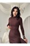 Women's Coffee Color Long Sleeve Draped High Collar Slit Detailed Long Dress - 3