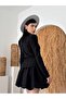 Women's Black Skirt Jacket Set with Gold Buttons, Balloon Sleeves, Flared Mini Skirt - 6