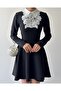 Women's Black Mini Dress Lace Collar Pearl Buttoned Long Sleeve Flared Atlas - 2