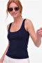 Women's Navy Blue Scoop Neck Full Length Double Layer Modal Cotton Strappy Basic Bodysuit - 3