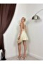 Women's Yellow Mini Halter Neck V-Neck Ruched Flared Event Dress - 3