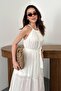 Women's Ecru Halter Neck Belted Layered Long Flared Sleeveless Summer Dress - 4