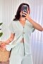 Women's Mint Green Top and Bottom Set Linen Double Set Single Button V-Neck Lace-Up Wide Leg - 4