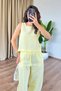 Women's Yellow Linen Sleeveless Blouse with Elastic Waist and Pockets Wide Leg Two-Piece Set - 5