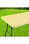 A rectangular picnic tablecloth, elastic, waterproof laminated vinyl, checkered pattern, dining, camping, and outdoor activities...