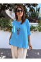 Italian Cotton - Linen Textured Blouse with Pendant Baby Blue - 3