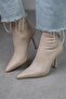 Women's Beige Stretch Boots Thin Stiletto Heel Side Zipper Pointed Toe Heeled Boots