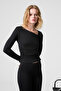 Thorn women's asymmetric neckline front tie functional lacing long sleeve black blouse with stretch fabric - 3