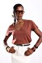 Brown V-Neck Slim Cotton T-Shirt - 2