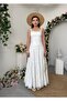 Women's Ecru Midi Dress Square Collar Lace Strap Layered Skirt Poplin Textured - 8