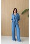 Women's Blue Shirt Pants Set Lyocell Palazzo Elastic Waist Short Sleeve Pocket Detail - 2