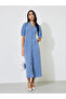 Blue Lapel Collar Short Puff Sleeves Shirt Maxi Dress - 4