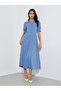 Blue Lapel Collar Short Puff Sleeves Shirt Maxi Dress - 2