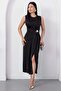 Oval Neckline Side Pleated Buckled Satin Dress K-251633 - 6