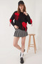 Women's Heart-Shaped Fringed Knitwear Black Red Sweater - 6