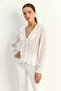 Women's Ruffle Detailed Gipeli Self-Striped White Blouse - 2